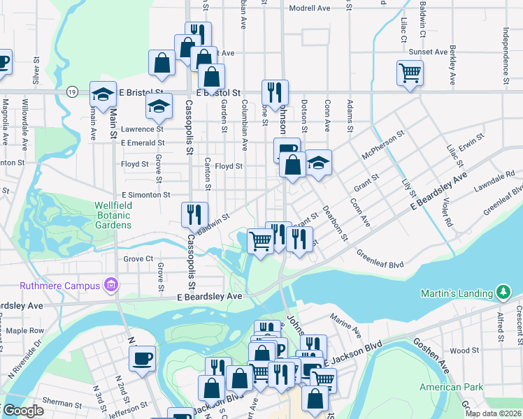 map of restaurants, bars, coffee shops, grocery stores, and more near Garland Street in Elkhart