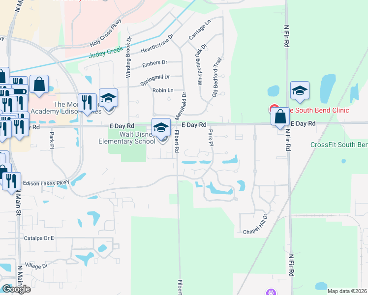 map of restaurants, bars, coffee shops, grocery stores, and more near 1301-1413 Bridge Water Way in Mishawaka