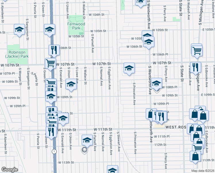 map of restaurants, bars, coffee shops, grocery stores, and more near 10828 South Eggleston Avenue in Chicago