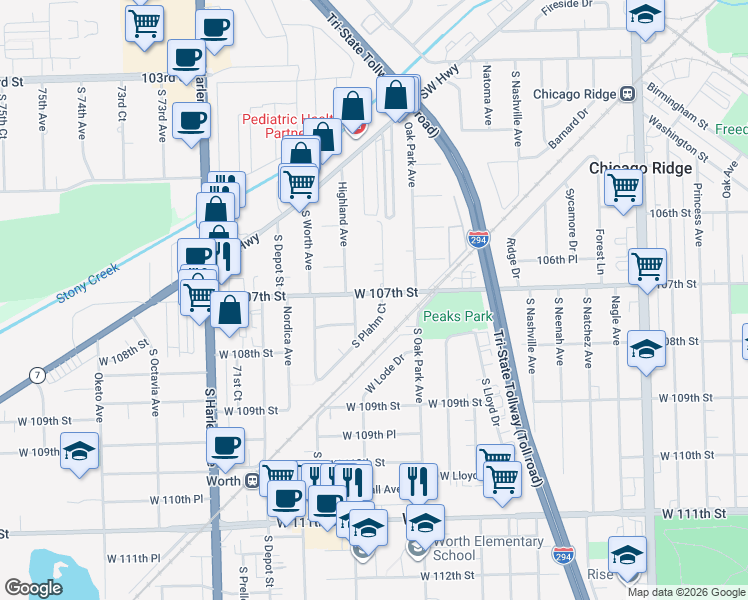 map of restaurants, bars, coffee shops, grocery stores, and more near 10708 South Plahm Court in Worth