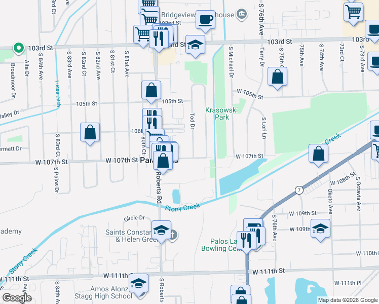 map of restaurants, bars, coffee shops, grocery stores, and more near 10648 Tod Drive in Palos Hills