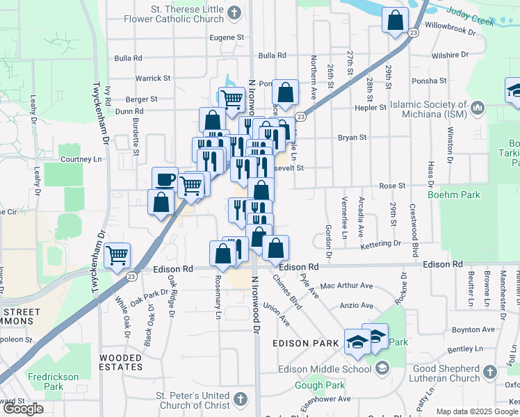 map of restaurants, bars, coffee shops, grocery stores, and more near 1620 North Ironwood Drive in South Bend