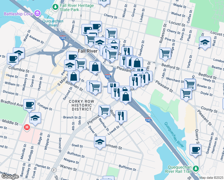 map of restaurants, bars, coffee shops, grocery stores, and more near 160 Hartwell Street in Fall River