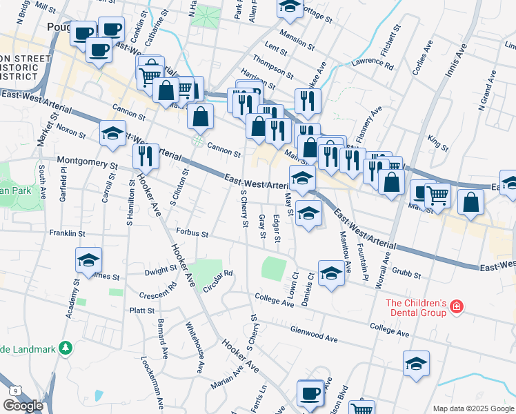 map of restaurants, bars, coffee shops, grocery stores, and more near 1 Gray Street in Poughkeepsie