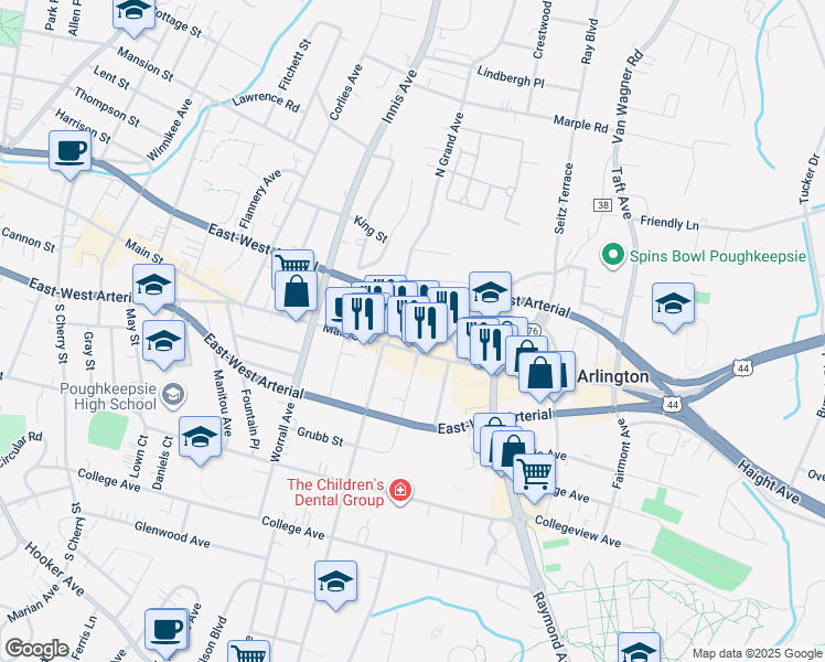 map of restaurants, bars, coffee shops, grocery stores, and more near 743 Main Street in Arlington