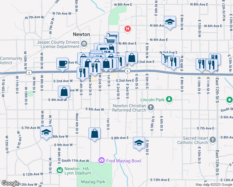 map of restaurants, bars, coffee shops, grocery stores, and more near 325 East 2nd Street South in Newton