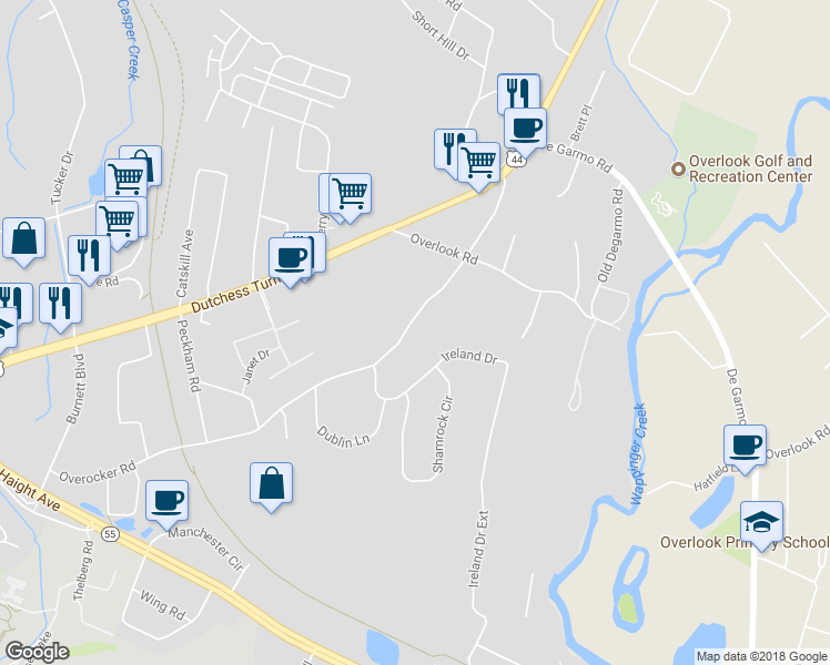 map of restaurants, bars, coffee shops, grocery stores, and more near 162 Overocker Road in Poughkeepsie