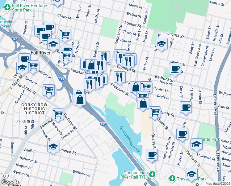 map of restaurants, bars, coffee shops, grocery stores, and more near 657 Pleasant Street in Fall River