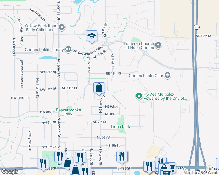 map of restaurants, bars, coffee shops, grocery stores, and more near 1108 Northeast Park Street in Grimes