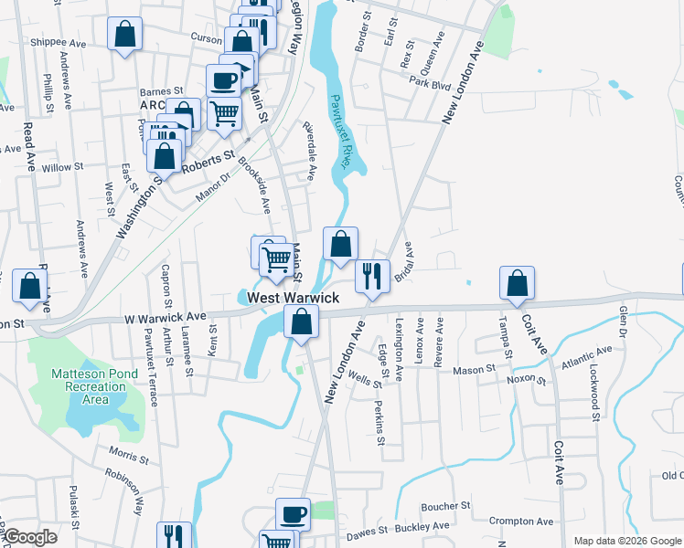 map of restaurants, bars, coffee shops, grocery stores, and more near 3 Bridal Avenue in West Warwick