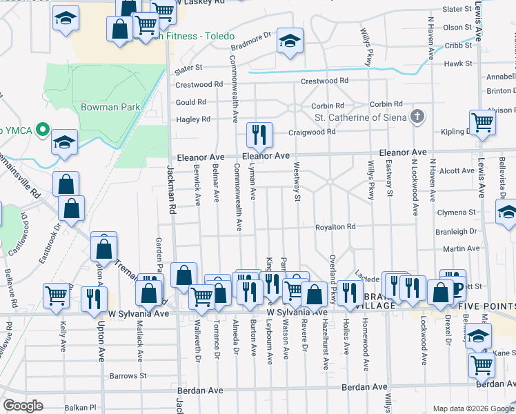 map of restaurants, bars, coffee shops, grocery stores, and more near 4331 Lyman Avenue in Toledo