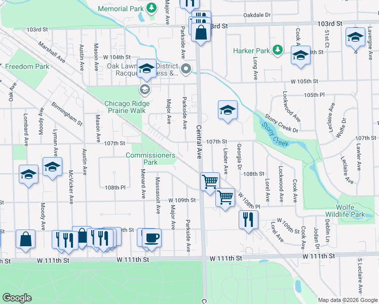 map of restaurants, bars, coffee shops, grocery stores, and more near 10720 Central Avenue in Chicago Ridge