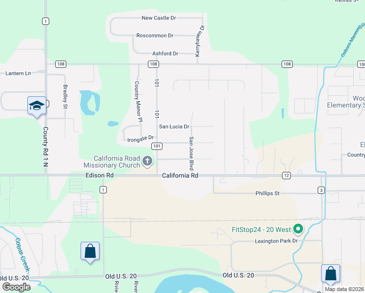 map of restaurants, bars, coffee shops, grocery stores, and more near 29626 San Lu Rae Drive in Elkhart