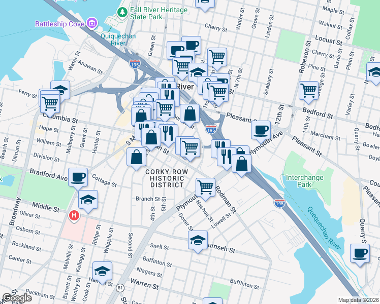 map of restaurants, bars, coffee shops, grocery stores, and more near 17 John Street in Fall River