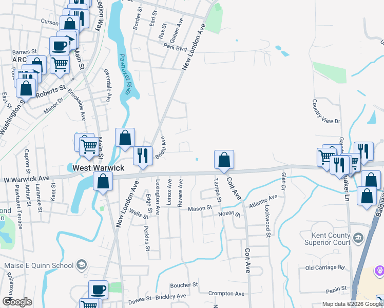 map of restaurants, bars, coffee shops, grocery stores, and more near 4 Cactus Street in Warwick
