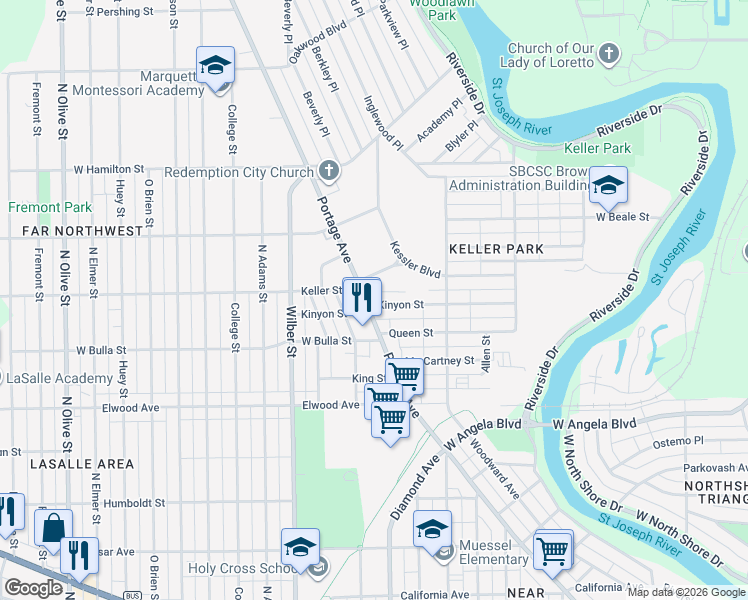 map of restaurants, bars, coffee shops, grocery stores, and more near 1640 Portage Avenue in South Bend