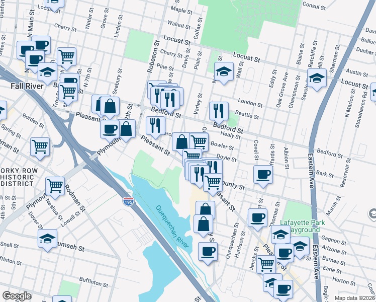 map of restaurants, bars, coffee shops, grocery stores, and more near 146 18th Street in Fall River