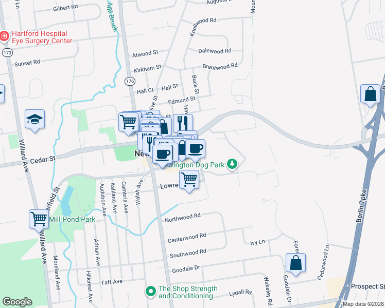 map of restaurants, bars, coffee shops, grocery stores, and more near 65 Constance Leigh Drive in Newington
