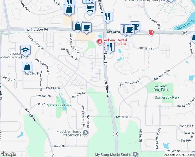 map of restaurants, bars, coffee shops, grocery stores, and more near 3164 Southwest Arlan Lane in Ankeny