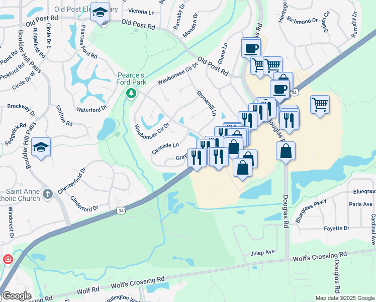 map of restaurants, bars, coffee shops, grocery stores, and more near 235 Grays Drive in Oswego