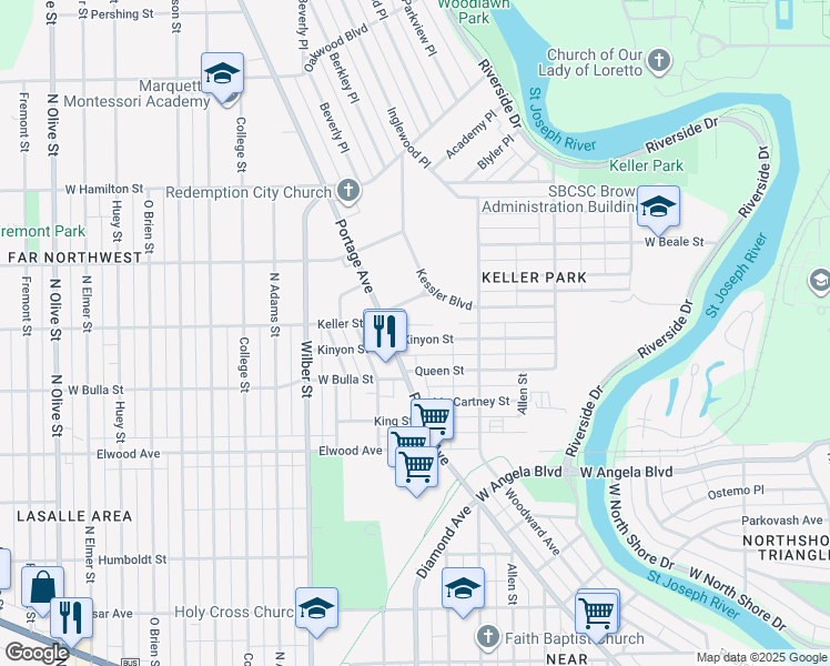 map of restaurants, bars, coffee shops, grocery stores, and more near 1301 Kinyon Street in South Bend