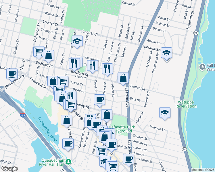 map of restaurants, bars, coffee shops, grocery stores, and more near 65 Haffards Street in Fall River