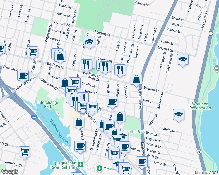 map of restaurants, bars, coffee shops, grocery stores, and more near 87 Covel Street in Fall River