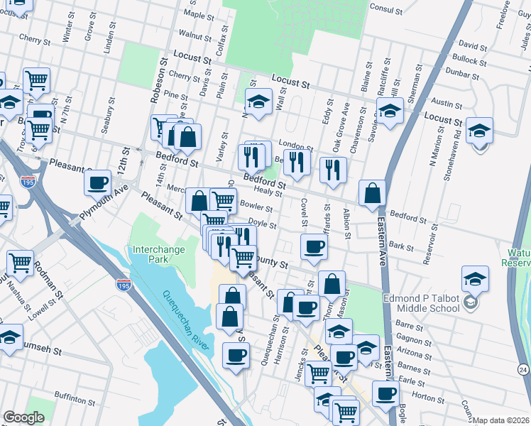 map of restaurants, bars, coffee shops, grocery stores, and more near 83 Carlisa Drive in Fall River