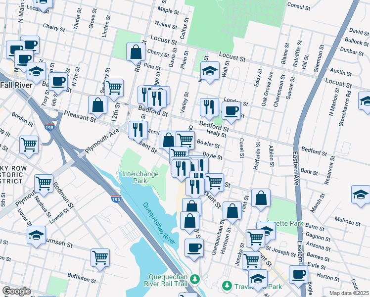 map of restaurants, bars, coffee shops, grocery stores, and more near 910 Pleasant Street in Fall River