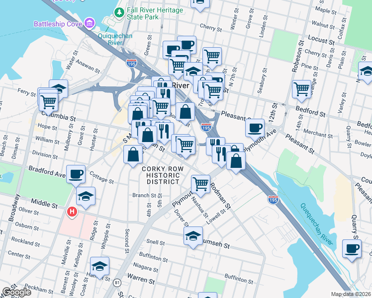 map of restaurants, bars, coffee shops, grocery stores, and more near 17 John Street in Fall River