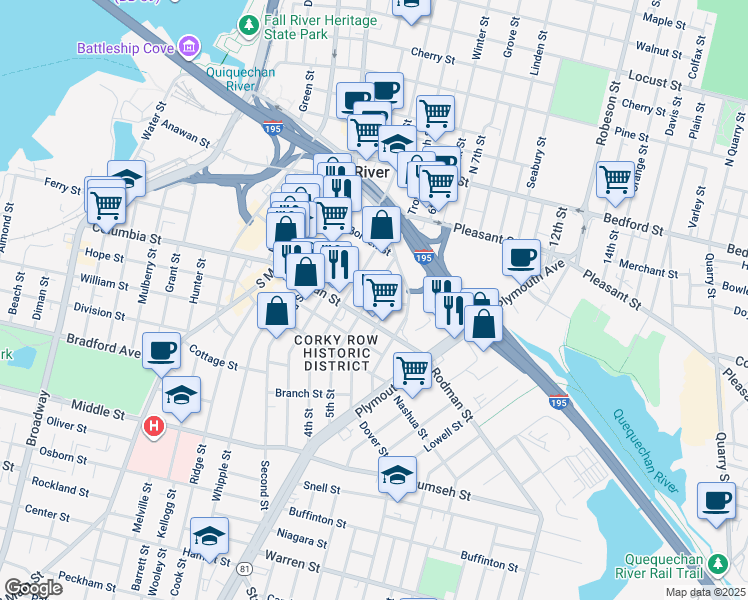 map of restaurants, bars, coffee shops, grocery stores, and more near 17 John Street in Fall River