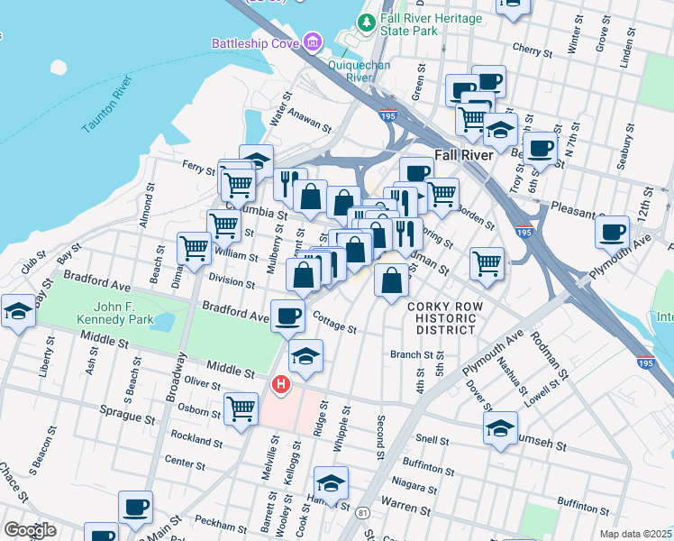 map of restaurants, bars, coffee shops, grocery stores, and more near 337 Washington Street in Fall River