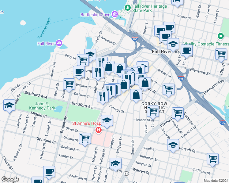map of restaurants, bars, coffee shops, grocery stores, and more near 337 Washington Street in Fall River