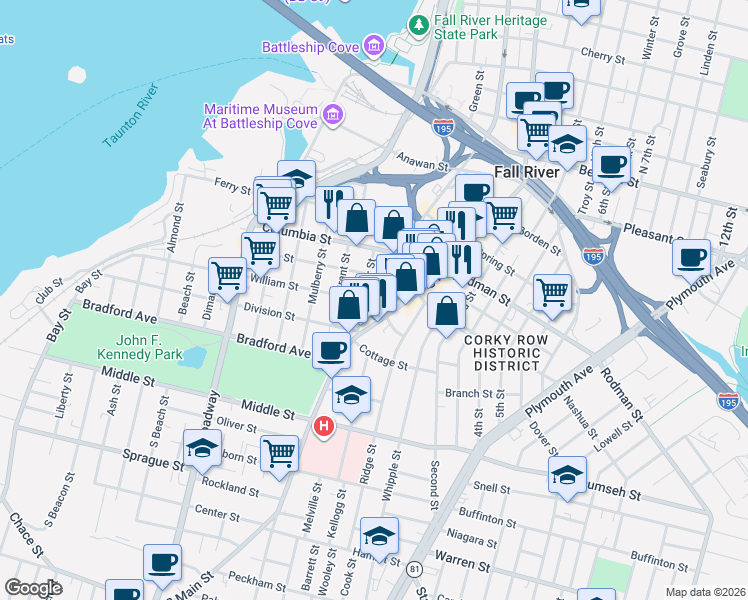 map of restaurants, bars, coffee shops, grocery stores, and more near 337 Washington Street in Fall River