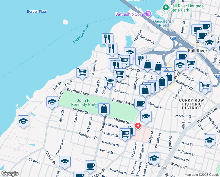 map of restaurants, bars, coffee shops, grocery stores, and more near 288 Broadway in Fall River
