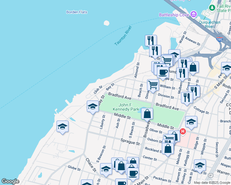 map of restaurants, bars, coffee shops, grocery stores, and more near 61 Bradford Avenue in Fall River