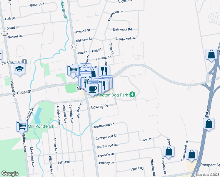 map of restaurants, bars, coffee shops, grocery stores, and more near 200 Market Square in Newington