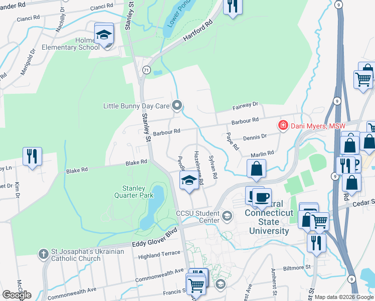 map of restaurants, bars, coffee shops, grocery stores, and more near 131 Pendleton Road in New Britain