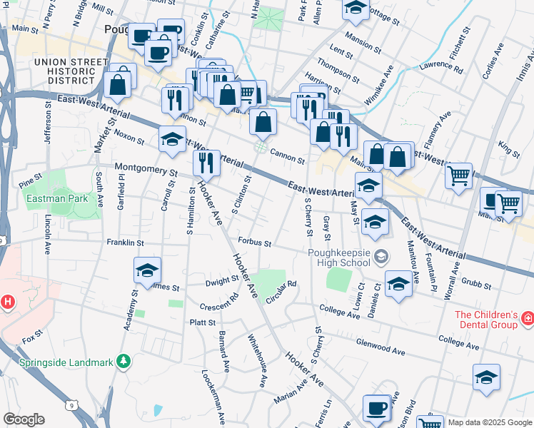 map of restaurants, bars, coffee shops, grocery stores, and more near 22 Fairmont Street in Poughkeepsie