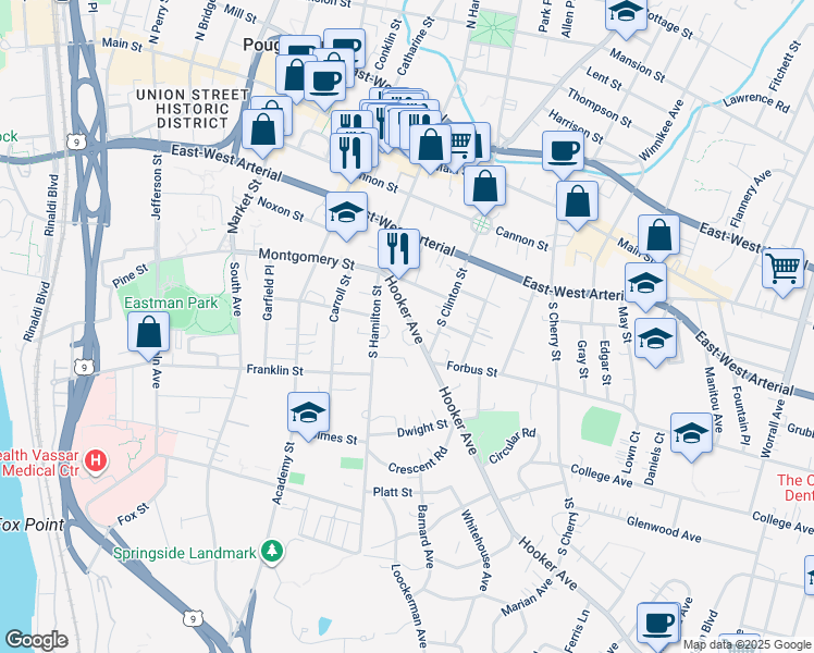 map of restaurants, bars, coffee shops, grocery stores, and more near 33 Hooker Avenue in Poughkeepsie