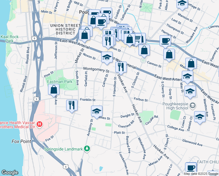 map of restaurants, bars, coffee shops, grocery stores, and more near 85 South Hamilton Street in Poughkeepsie