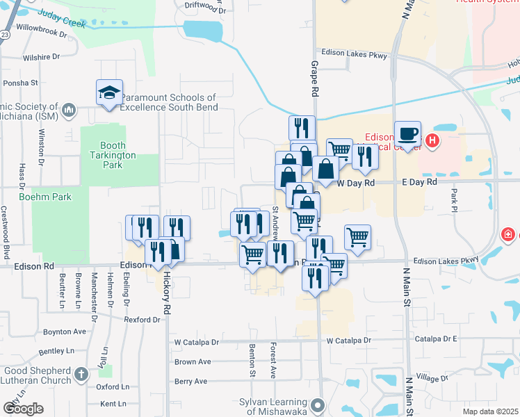 map of restaurants, bars, coffee shops, grocery stores, and more near 4105 Glenellen Court in Mishawaka
