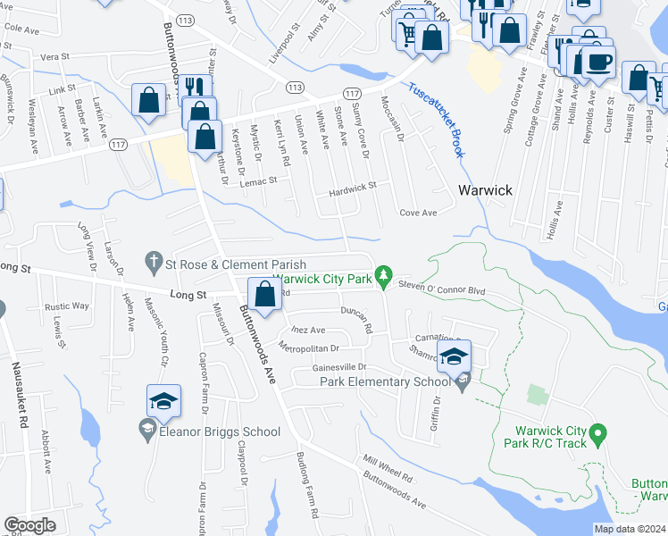 map of restaurants, bars, coffee shops, grocery stores, and more near 67 Wellington Avenue in Warwick