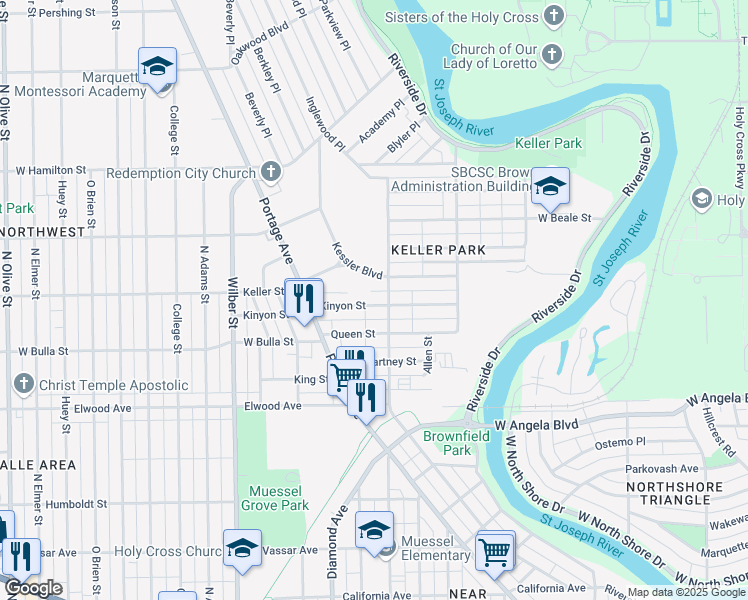 map of restaurants, bars, coffee shops, grocery stores, and more near 1215 Kinyon Street in South Bend