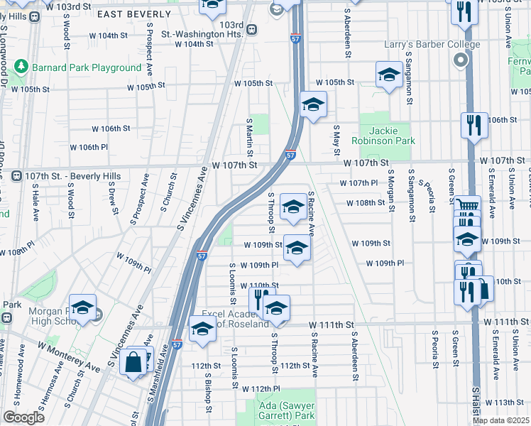 map of restaurants, bars, coffee shops, grocery stores, and more near 1305 West 108th Street in Chicago