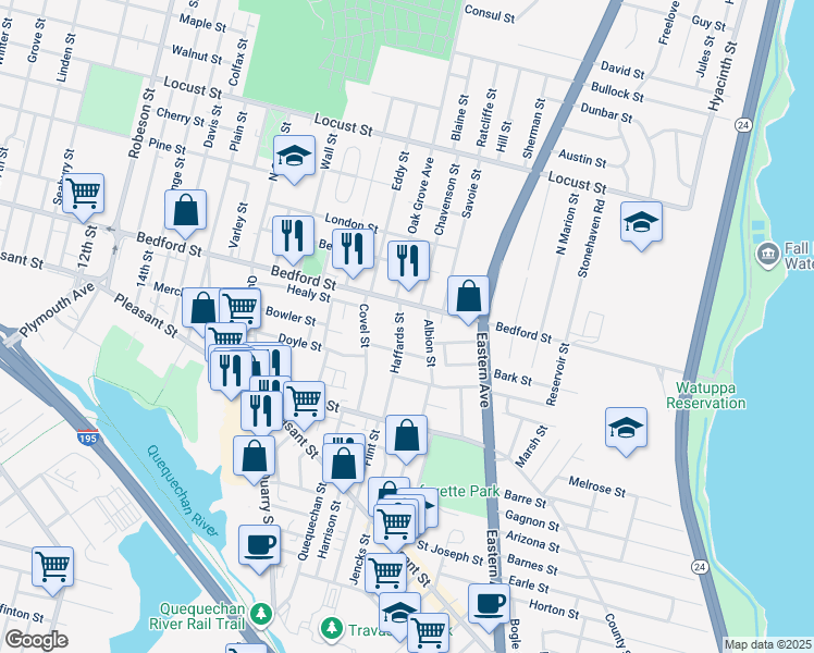 map of restaurants, bars, coffee shops, grocery stores, and more near 44 Haffards Street in Fall River