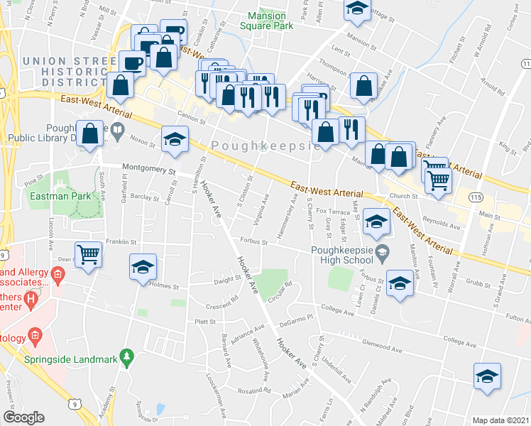 map of restaurants, bars, coffee shops, grocery stores, and more near 25 Virginia Avenue in Poughkeepsie
