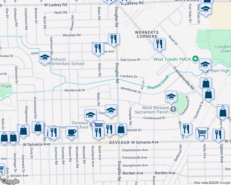 map of restaurants, bars, coffee shops, grocery stores, and more near 4315 Douglas Road in Toledo
