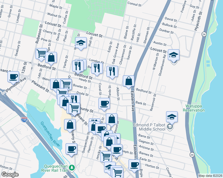 map of restaurants, bars, coffee shops, grocery stores, and more near 50 Haffards Street in Fall River