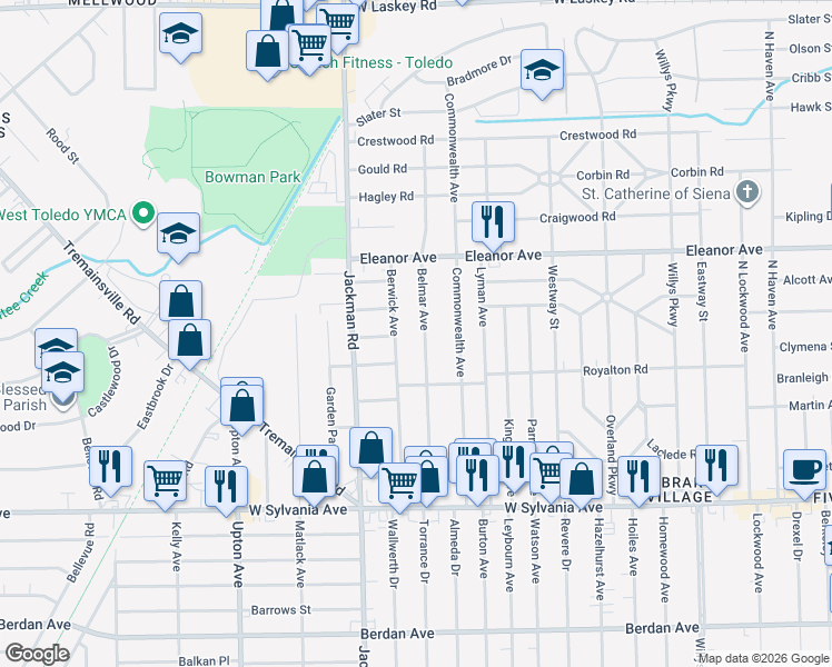 map of restaurants, bars, coffee shops, grocery stores, and more near 4312 Berwick Avenue in Toledo
